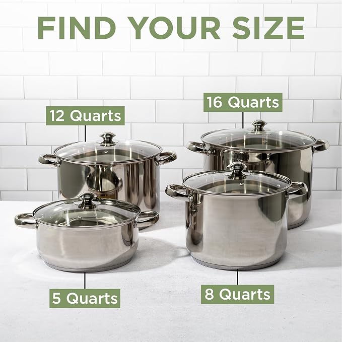 Ecolution Pure Intentions Stock Pot - Features Tempered Glass Lid, Keep Cool Handle, and Encapsulated Bottom - Oven Safe - Curbside Recyclable Stainless Steel - 16 Quarts