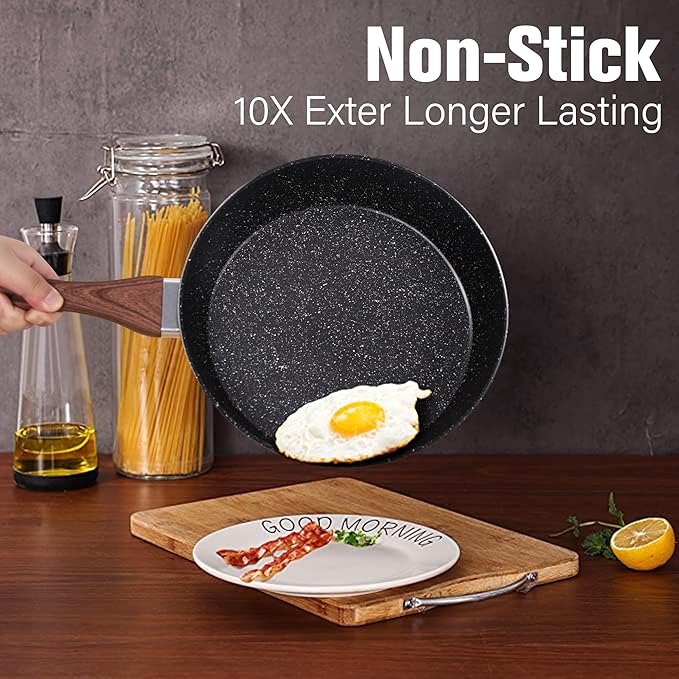 Kitchen Academy 12Pcs Nonstick Induction Pots and Pans Set, Hammered | Premium black healthy cookware for everyday cooking. Even heating, easy to clean. Stay-cool handles. 100% PFOA & PFAS free.