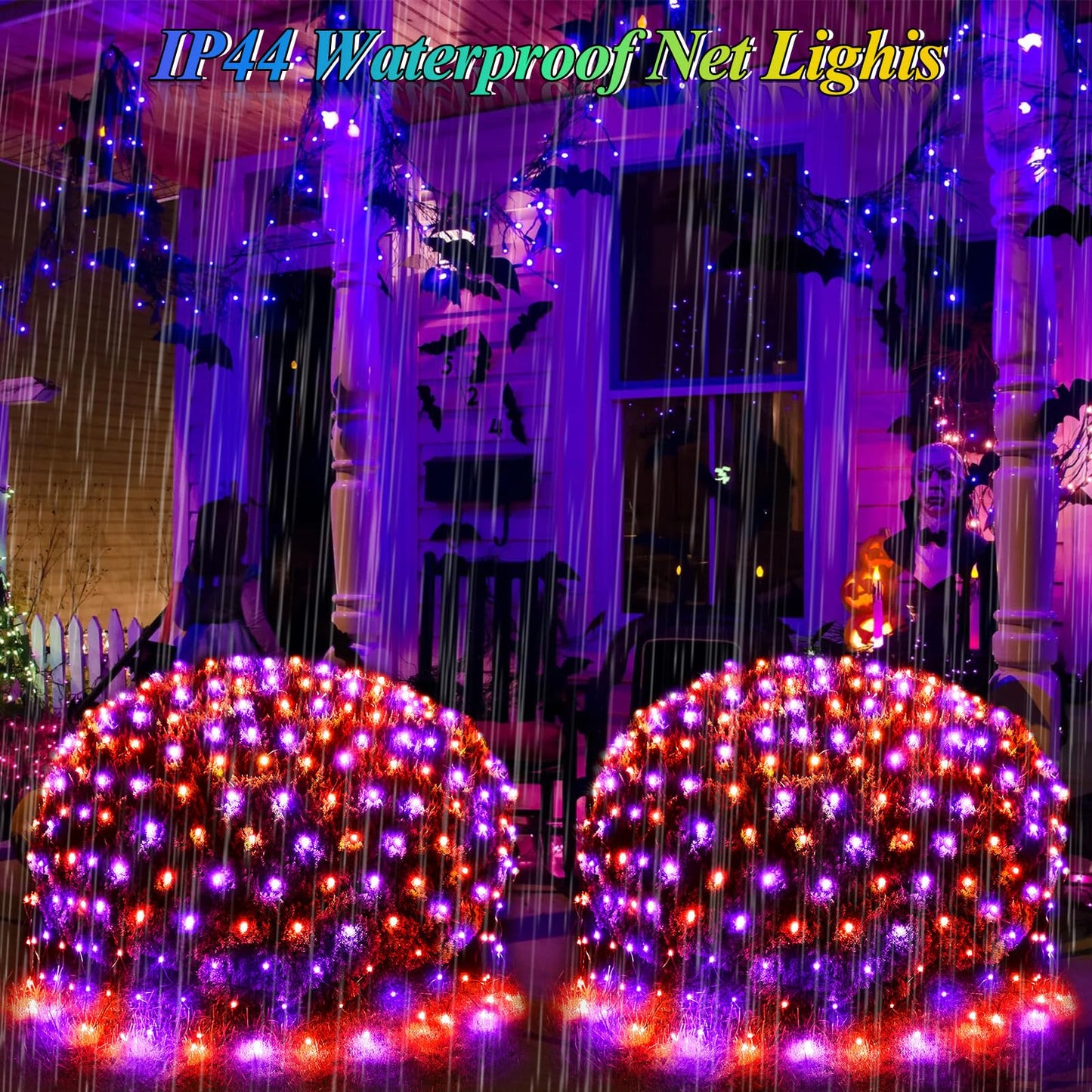 Lovelite 510LED Halloween Net Lights, 28ft x 5ft Outdoor Mesh Lights Purple Orange Clear Wire, 8 Modes & Timer, Waterproof Connectable String Lights for Bushes Xmas Tree Garden Holiday Party