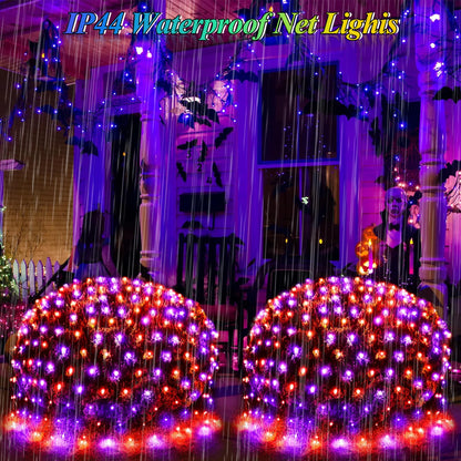 Lovelite 510LED Halloween Net Lights, 28ft x 5ft Outdoor Mesh Lights Purple Orange Clear Wire, 8 Modes & Timer, Waterproof Connectable String Lights for Bushes Xmas Tree Garden Holiday Party