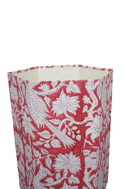 Generic 3.3 Gallon Cotton Hand Block Printed Paper Waste Basket |Small Decorative Trash Can for Housewarming Gifts in Living Room, Bedroom, Bathroom | Eco-Friendly, Plastic-Free (1, RED White MOR)