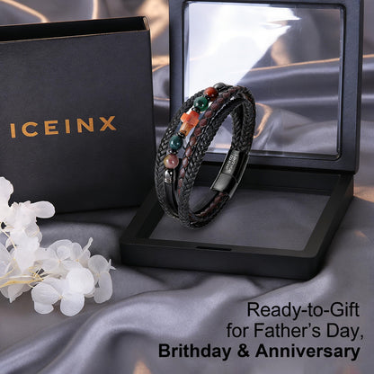 ICEINX Vintage Braided Leather Wrap Bracelet with Natural Indian Agate Stones, Religious Christian Jewelry Gift for Him（Agate Stones）