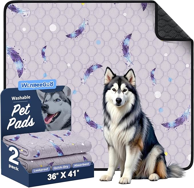 WanpeeGoo Washable Pee Pads for Dogs, 2Pack Reusable Puppy Pads, Super Absorbent & Leakproof Dog Pads, Anti-Slip Dog Pee Pads for Puppy Training & Incontinence, Feather Pattern 36"x41"