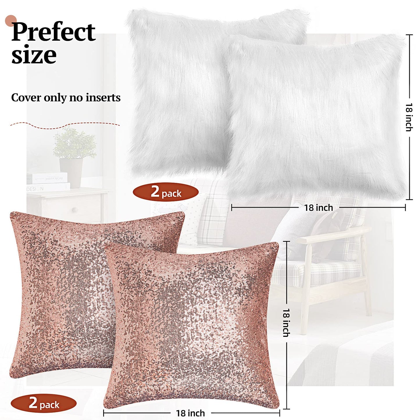 Irenare 4 Pcs Sequin and Fluffy Pillow Covers Winter Throw Pillow Cases Soft Cushion Cover for Couch Bed Sofa Xmas Day (White, Rose Gold,18 x 18 Inch)