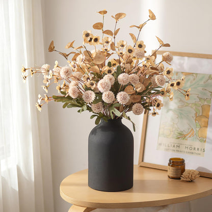 BLOSMON Beige Faux Flowers in Vase: Metal Vase with 12 Stems of Fake Mums Wax Eucalyptuses for Dining Table Centerpiece Decor - Artificial Silk Kiku Pom Poms Wild Farmhouse Floral Arrangements
