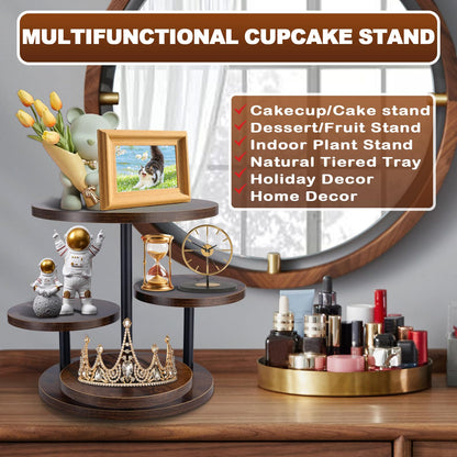 Cupcake Stand, 4 Tier Round Wood Cupcake Tower Stand for 50 Cupcakes, Rotatable Wooden Tiered Display Stand with Tiered Tray, Rustic Cupcake Stands for Birthday Wedding Baby Shower Graduation Party