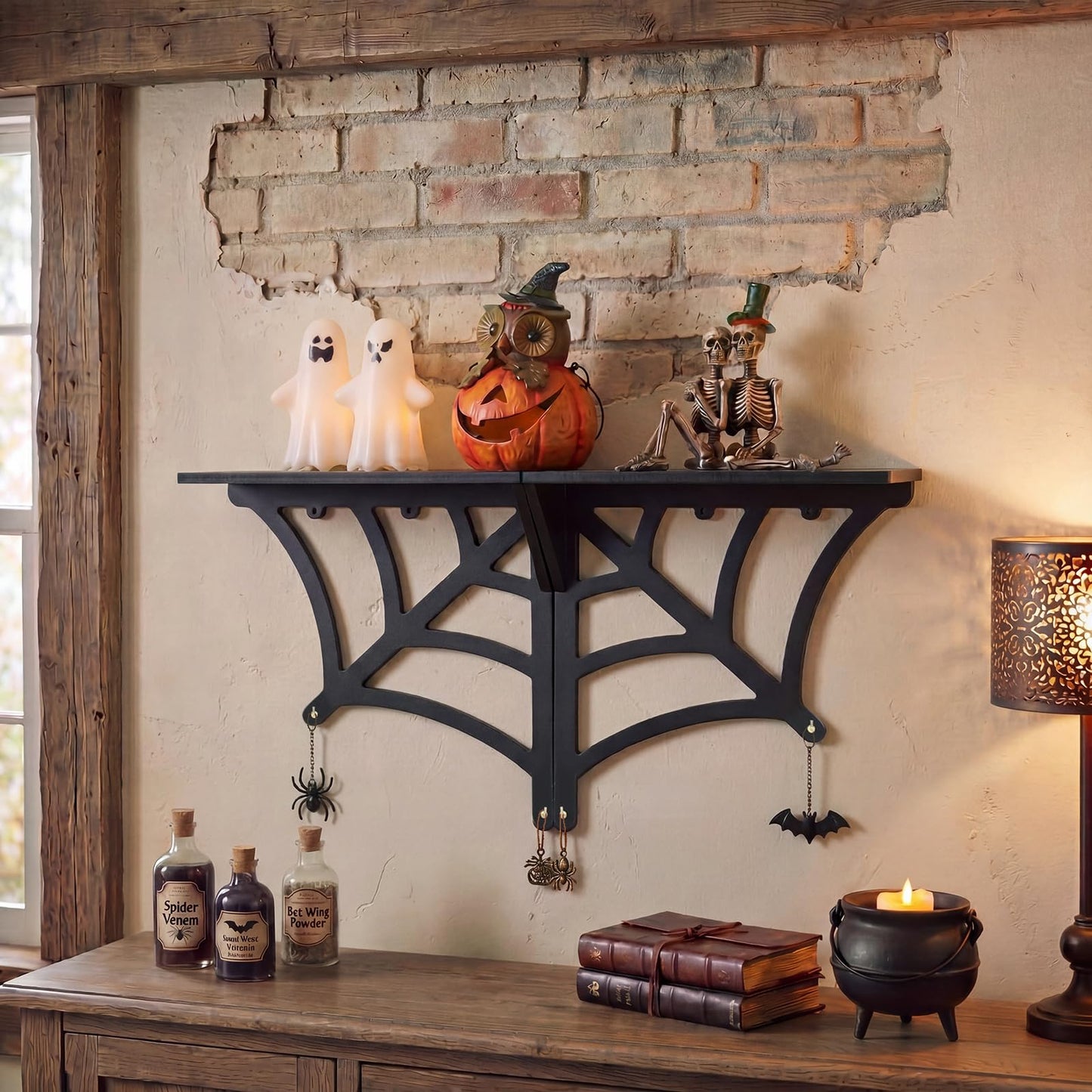 Glenmal 20 Inch Halloween Spider Web Shelf Hang Separately or Together, Goth Room Decor Wood Spooky Hanging Gothic Decor Black Wall Floating Shelves with Hooks for Halloween Bedroom Home Kitchen Party