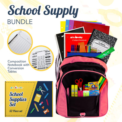 4E's Novelty 52 Pieces Schools Supplies Kit for K1-8 Back to School Supply Box with Essential Student Kits, School Supply Bundle Middle Elementary Schools Supplies Kit Grades 1 2 3 4 5 6 7 8