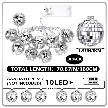 Zhanmai Disco Ball String Lights - 30 LED Mini Mirror Balls, 1.97 Inch, Silver, Model Zhanmai-Lights-48JCDR, Perfect for 70s