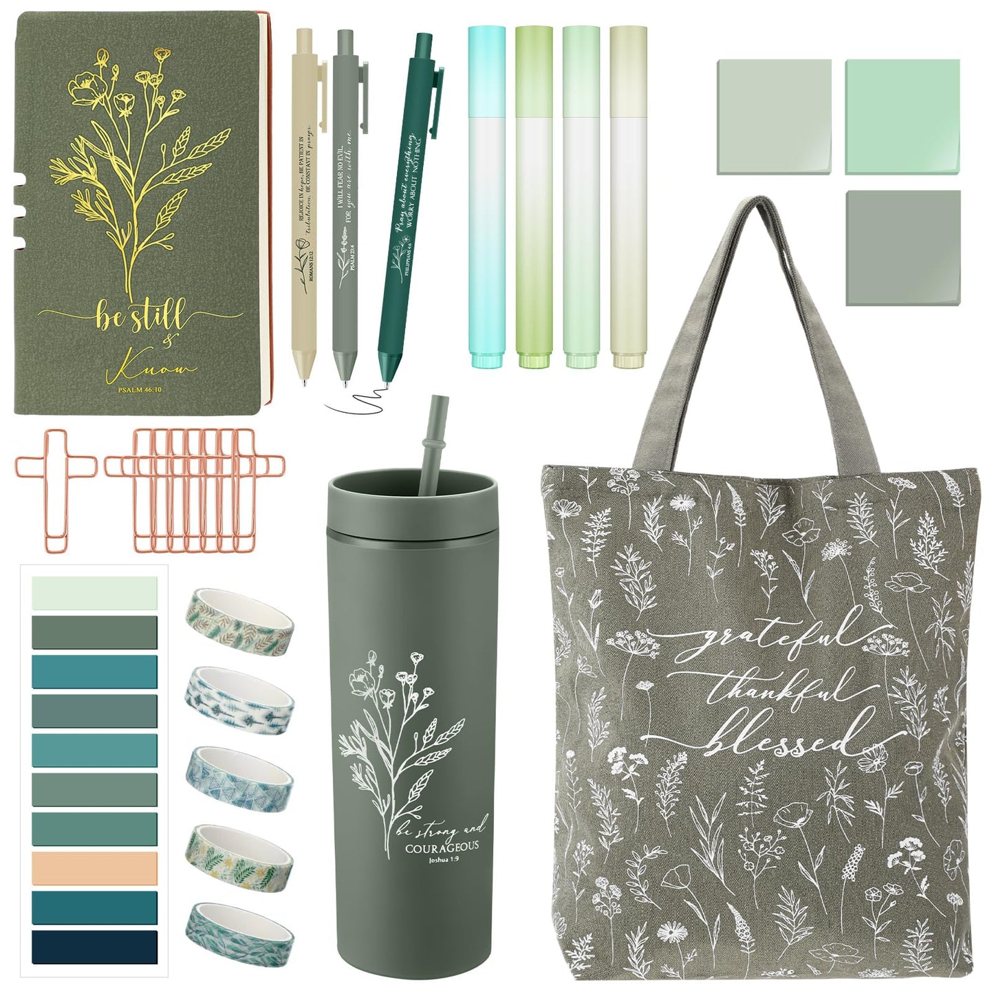 Patelai 29 Pcs Bible Study Supplies Journaling Kit with Christian Cup Tote Bag for Women Gifts Set Pastor Wife Friend Sister Church Religious Sunday School Birthday Gifts(Green)