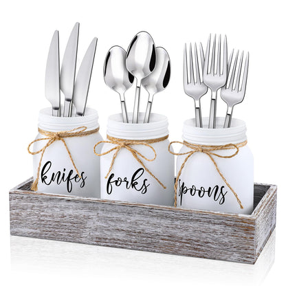 Tiangrid 4 Pcs Silverware Utensil Holder Mason Jar with Wooden Utensil Organizer for Kitchen Countertop Forks Spoons Knives Storage White Farmhouse Kitchen Caddy Glass Cooking Decor for Party