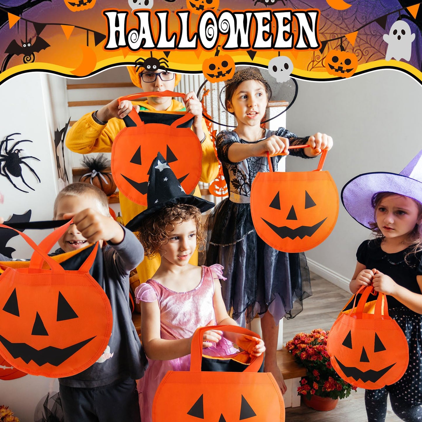 Cunno 24 Pcs Halloween Pumpkin Bags 11.8 x 9.8 Inches Non Woven Trick or Treat Bags Pumpkin Face Candy Goody Tote Gift Bucket Bag with Handles for Halloween Party Favors Supplies