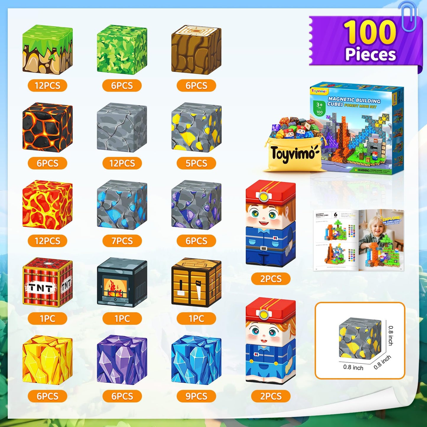 Toyvimo Magnetic Blocks 100PCS Kids Toys Magnetic Building Blocks Build Mine Magnet World Craft Cubes Boys Toys Ages 3-5 4-6 5-7 6-8, 3-12 Year Old Boy Birthday Gifts