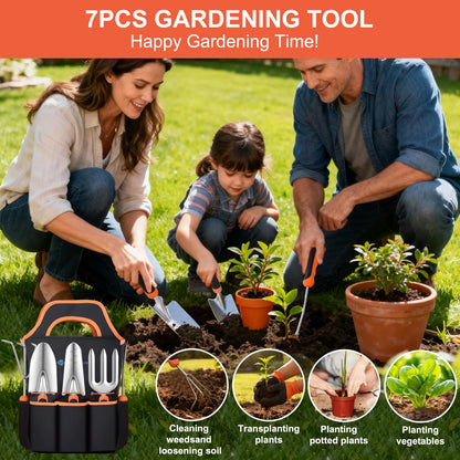 Yesker Gardening Tools 7-Piece Heavy Duty Garden Tool Set Gardening Supplies Gifts for Women Men Gardening Hand Tool Kit with Non-Slip Ergonomic Handle, Garden Bag, Pruning Shears, Black Orange