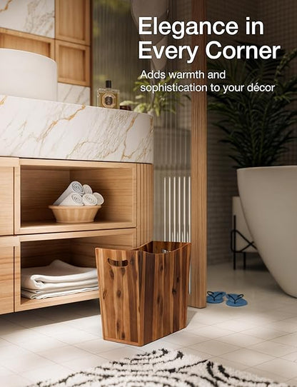 Tidita 3-Gallon Acacia Wood Wastebasket, Small Wood Trash Can with Handles | Acacia Wood, 13" L x 6.6" W x 13" H, Integrated Handles, Non-Slip, Rustic Style for Bathroom, Bedroom, Kitchen, Walnut Color