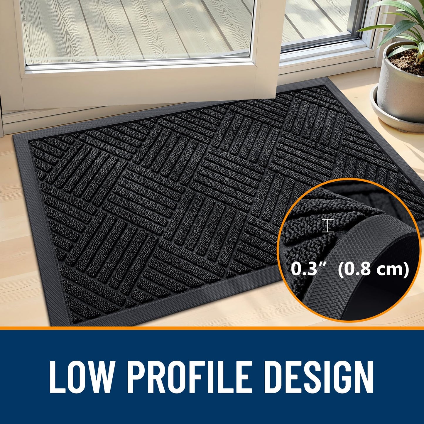 OLANLY Front Door Mat Outside Entrance 29.5x17, Absorbent, Heavy Duty Sturdy Natural Rubber Doormat Indoor Outdoor, Stain and Fade Resistant, Non-Slip Low Profile Floor Mat for Entryway, Black Diamond