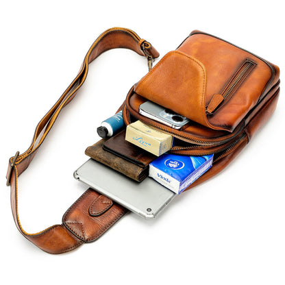 NIUCUNZH Genuine Leather Crossbody Sling Bag Handmade Classic Vintage Shoulder purse daypack Backpack Brown