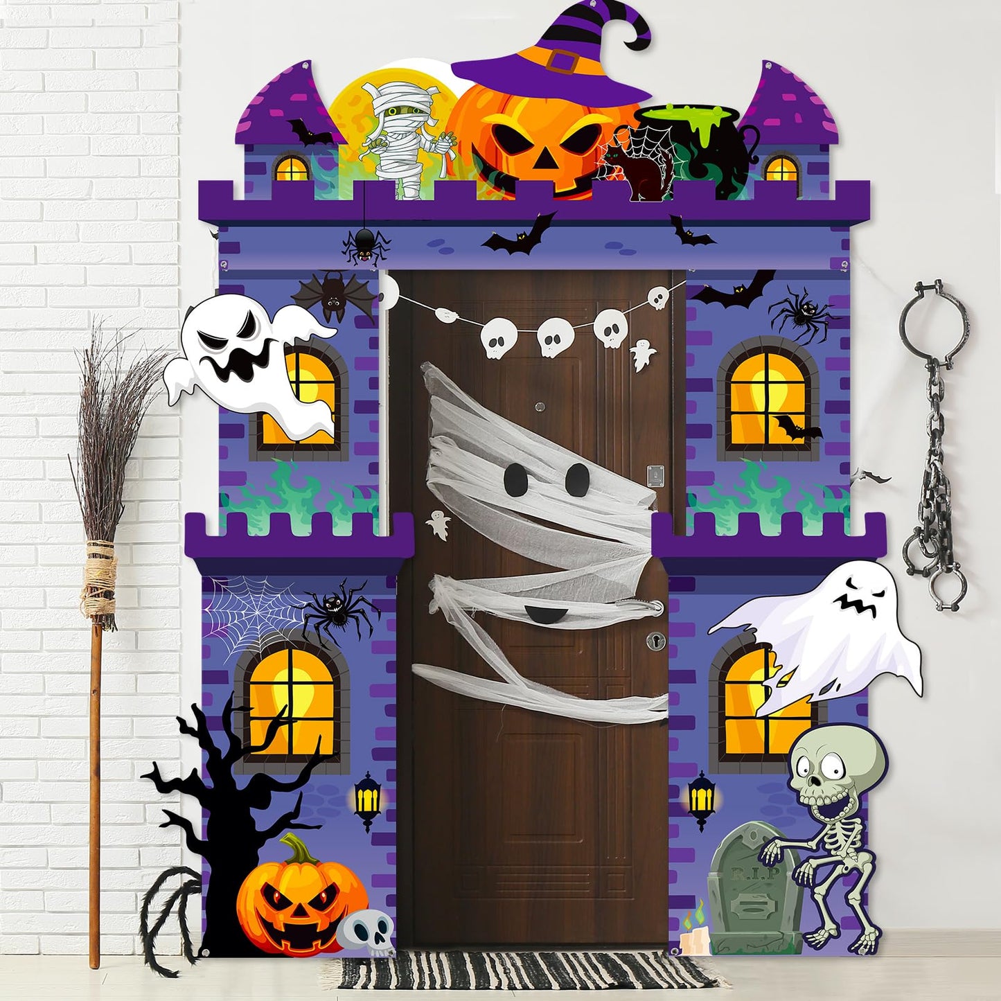 Tiamon Halloween Haunted Building Banner Scary Archway Door Archway Decorations Pumpkin Ghost Skull Hanging Porch Banner for Halloween Photo Prop Backdrop Party Decor Supplies