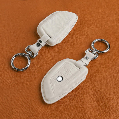 CISUI Leather Key Fob Cover Case, Keychain Shell, Compatible for BMW 2 5 6 7 X1 X2 X3 X5 X6 Series(White)