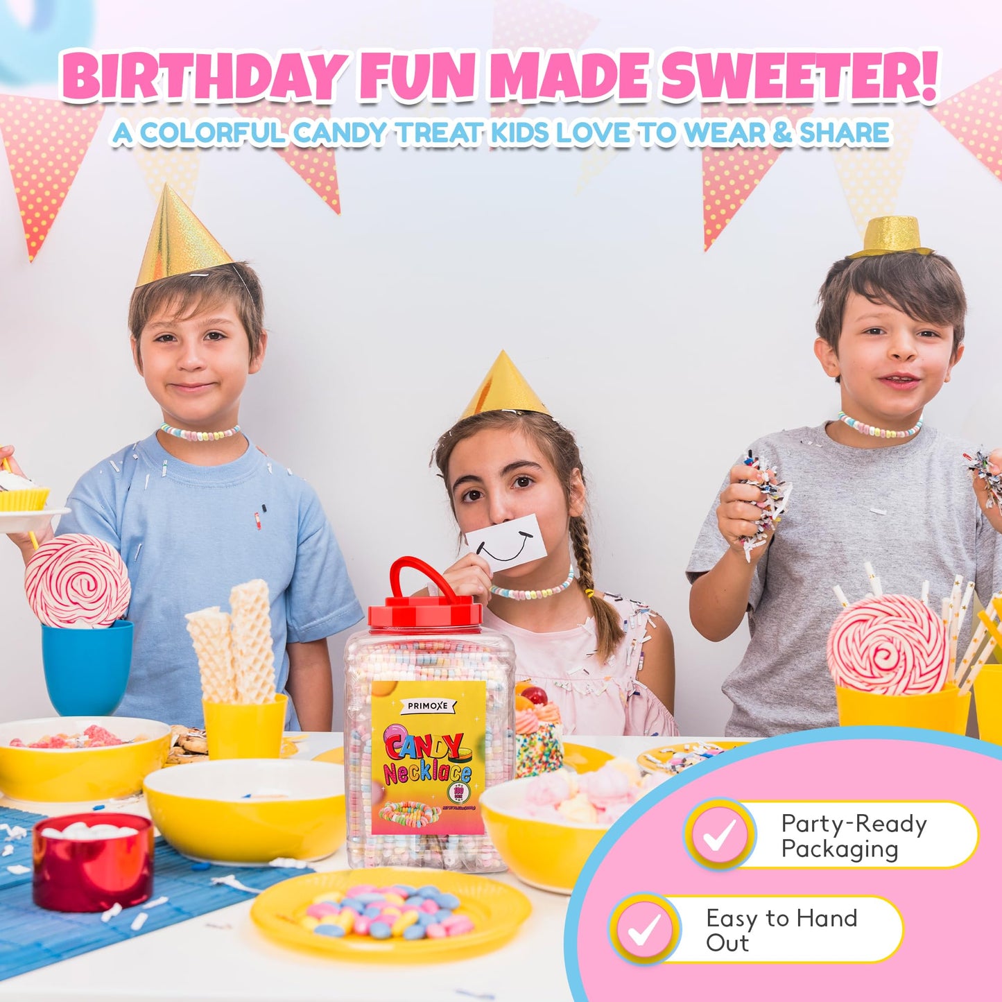 100 Pack Candy Necklaces Individually Wrapped - Bulk Candy - Edible Jewelry for Kids, Party Favors, 80s Nostalgic Treats, Pinata Fillers, Goodie Bags, Retro Events Halloween & Birthday