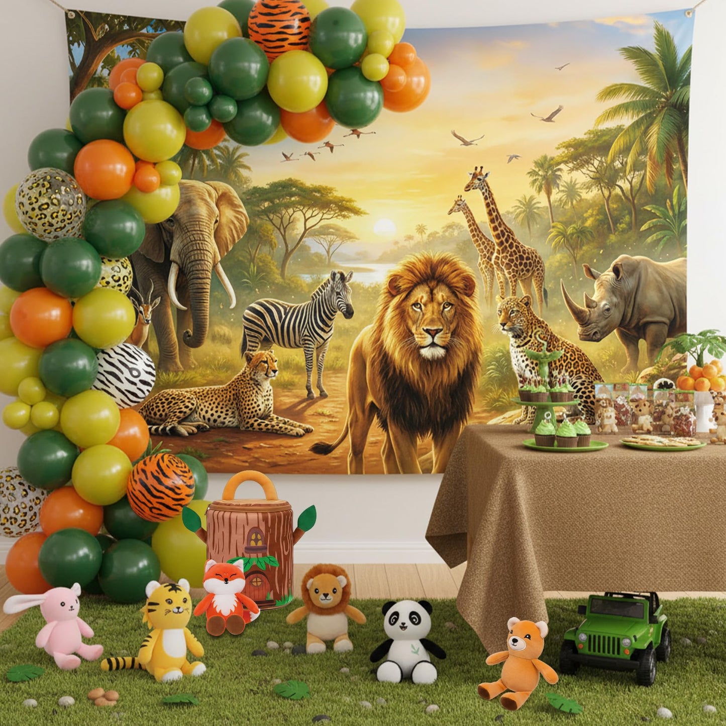 Safari Animals Forest Jungle Backdrop - 7x5 ft African Realistic Animals Giraffe Antelope Lion Photography Background Tapestry for Bedroom Living Room Decor