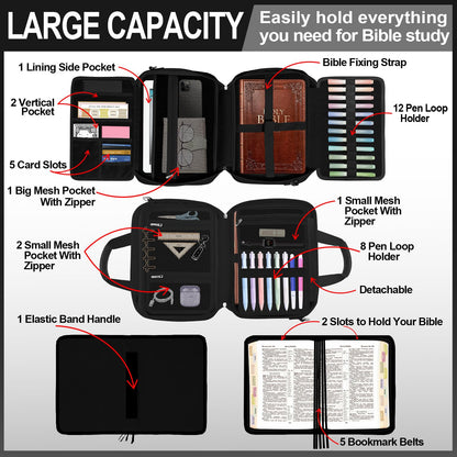 IBOVODI Bible Cover Case for Men Women with Highlighters Tabs Pens Cross Clips Large Church Bag with Zippered Pocket and Handle, Bible Study Supplies Bible Journaling Kit Book Carrying Case (Black)