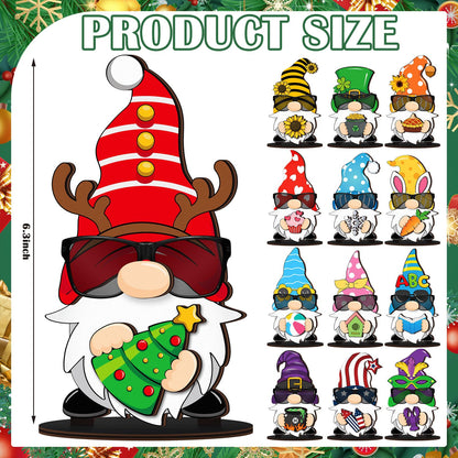 Tellegloww 27 Pcs Interchangeable Wooden Gnome Decor Spring Gnome Welcome Sign DIY Holiday Seasonal Eyeglass Holder Stand Tiered Tray Decorations for Table Home Decorations