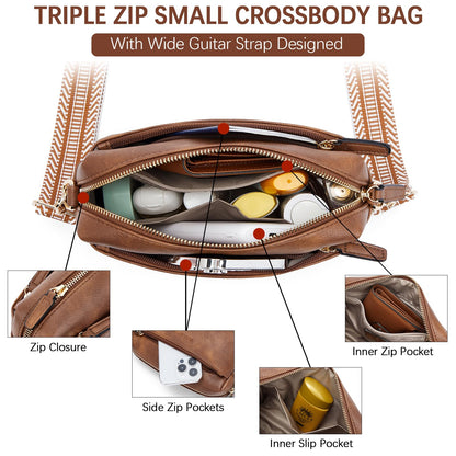BOSTANTEN Small Crossbody Purse for Women Triple Zip Cell Phone Leather Shoulder Handbag with Wide Guitar Strap Brown