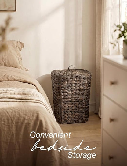 Tidita 3 Gallon Large Wicker Trash Can with Lid, Boho Bathroom Garbage Can | Water Hyacinth Construction, Space-Saving Shape, Reinforced Inner Iron Frame, Removable Liner For Easy Emptying, Black Color