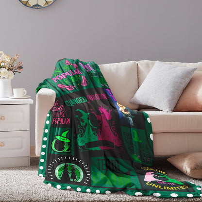50'' x 40'' Witch Green Vintage Flannel Blanket, Evil Gift Queen Throw Broom, Elphaba Hat Glinda Magic Movie Land Blanket, All Seasons Warm Cozy Soft Blanket for Sofa Bed Halloween Women Fans 1