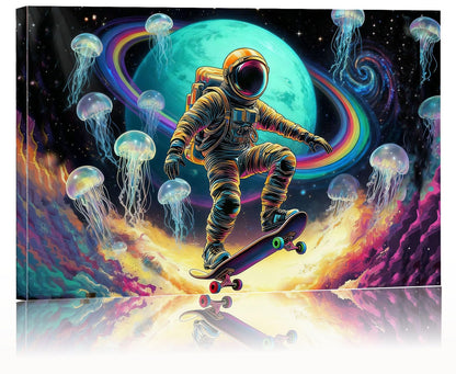 16x24 Framed Space Astronaut Skateboard Canvas Wall Art Colorful Galaxy Print with Jellyfish Rainbow Cosmic Tenn Boy Room Fantasy Decor Kids Bedroom Funny Earth Poster Child Study Room Office Picture