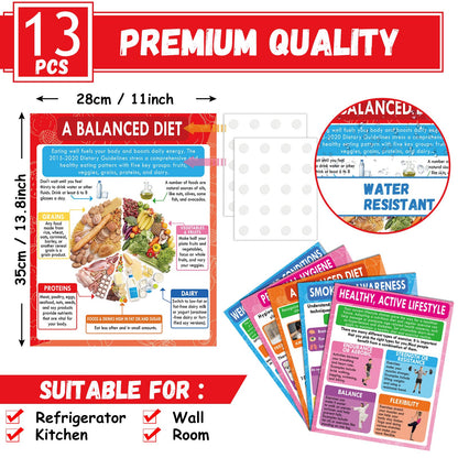 13Pcs Health Lifestyles Posters for Classroom Health and Physical Educational Learning Materials Fitness Food Chart Nutrition Sports Wall Art for Back to School Student Teacher Home Kitchen Wall Decor