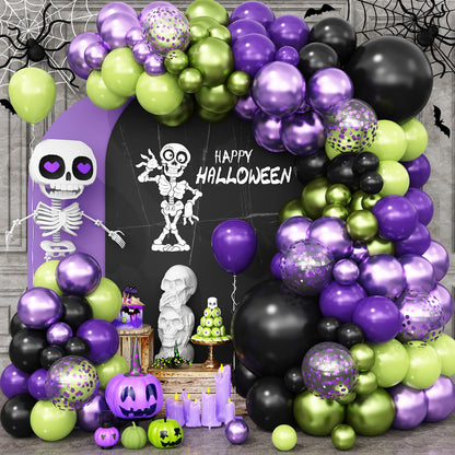 Halloween Balloon Arch Garland Kit, Purple Green Balloon Arch with Purple Confetti Balloons, Black Green Metallic Latex Balloons Set for Halloween Party Decorations