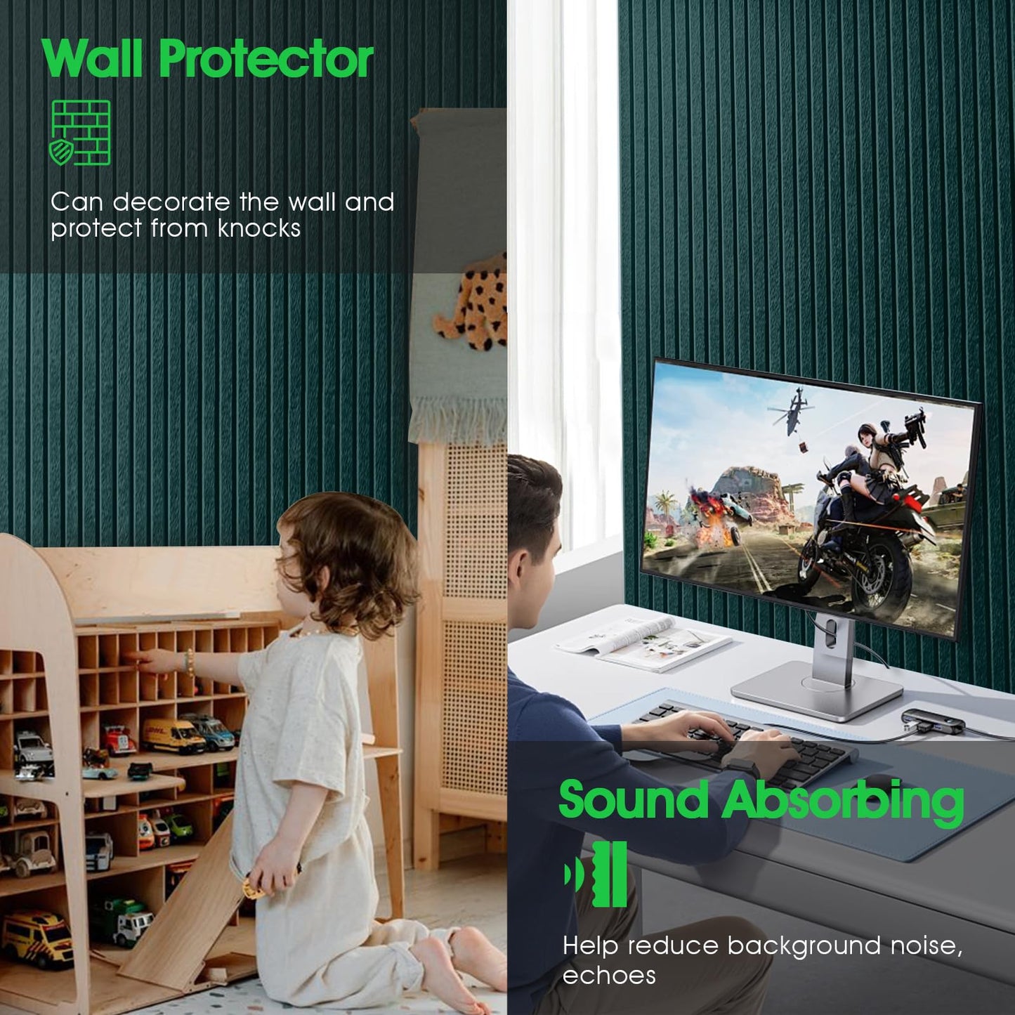 Large Cork Board for Office, 8 Pack Felt Wall Tiles with Slat Wall Paneling and Safe Removable Adhesive Tabs, Felt Bulletin Board Pin Board Cork Boards for Walls - Forest Green