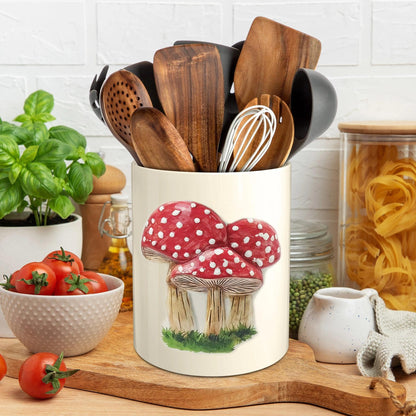 Hexagram Mushroom Decor Utensil Holder, Mushroom Kitchen Decor Embossed Ceramic Utensil Holder for Farmhouse Indoor Kitchen Decorations Rustic Farmhouse