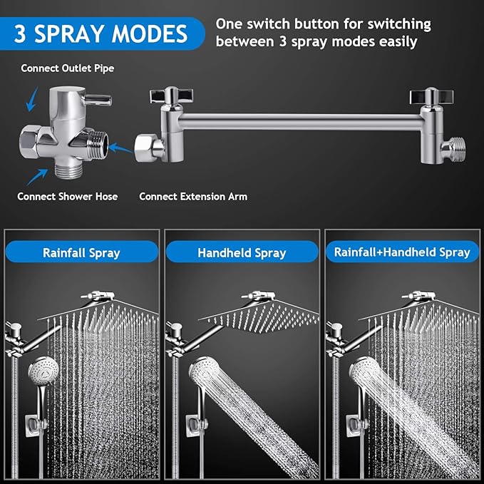 PinWin Modern 12" Large Square Rain Showerhead with 5 Modes Handheld Showerhead Combo, Adjustable Arm, Easy Tool-Free Installation