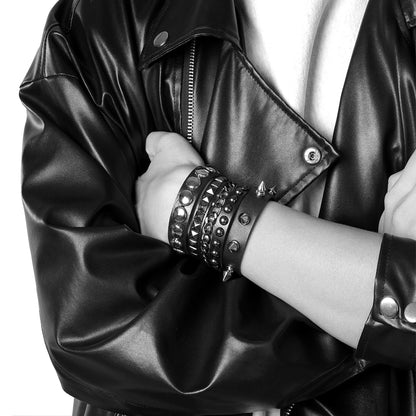 Eigso 3 Pcs Leather Punk Bracelets for Men Women of Rock Rivet Wrap Retro Spike Bracelet Adjustable