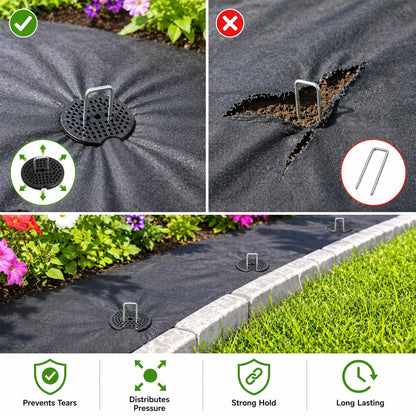 Garden Stakes,6 Inch 11 Gauge 50pcs Galvanized Landscape Staples + 50pcs Gaskets + 1Pick Hook, U-Shaped Heavy Duty Ground Stakes for Weed Barrier Fabric, Turf, Sod, Ground Cover