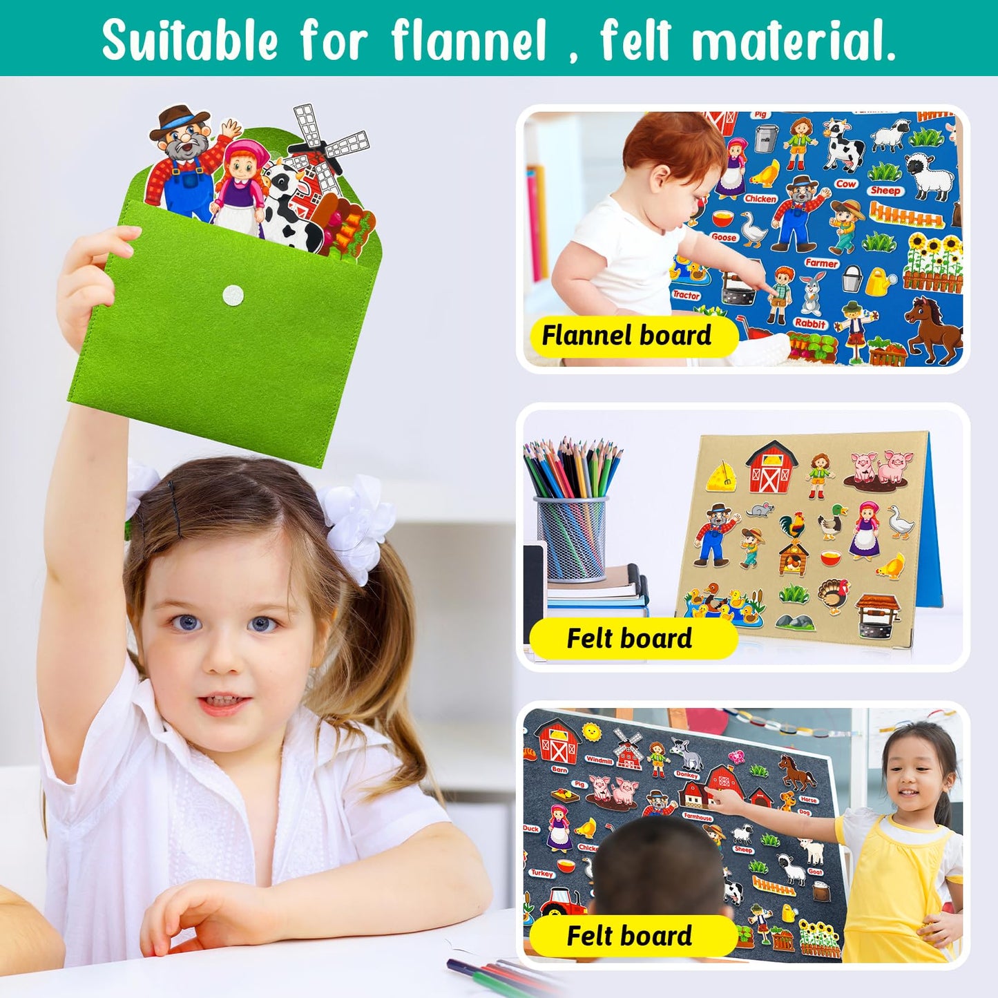 PENGFULL Felt Flannel Board Story Pieces for Toddlers Preschool, Kids Interactive Storytelling Teaching Play Kits with Words Felt Pieces (New Farm)
