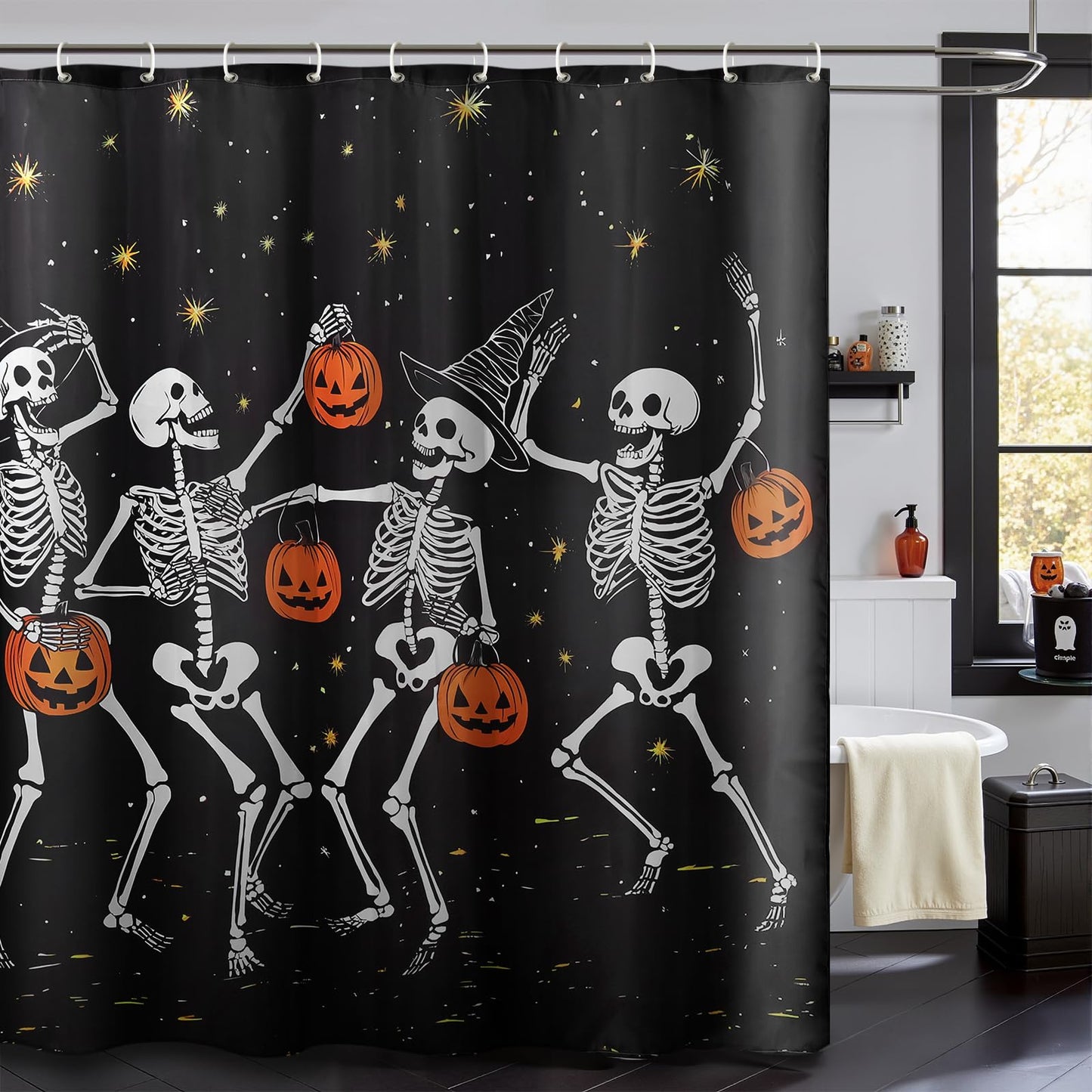 Halloween Shower Curtain: Spooky Dancing Ghosts with Pumpkins Halloween Shower Curtain Set with Hooks, Scary Skull Skeleton Bathroom Decorations for Window Home Farmhouse Indoor Decor, 72' x 72'