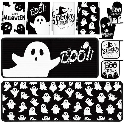 Fanfanwin 10 Pcs Halloween Ghost Kitchen Decor Set Ghost Kitchen Rugs Towels Pot Holders Oven Mitts Set for Baking Cooking BBQ Halloween Decorations