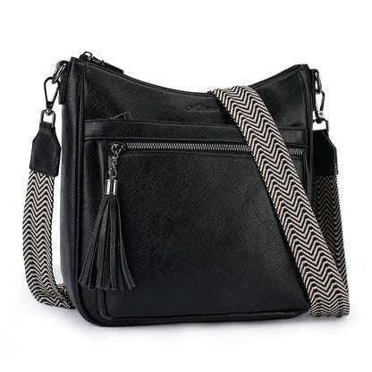 MEITRUE Crossbody Bags for Women Trendy,Vegan Leather Medium Hobo Purse with Tassel Lightweight Shoulder Handbags Multi Pockets Travel Purses Adjustable Strap Black