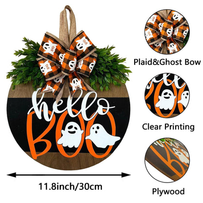 Halloween Ghost Wreath, Wooden Halloween Ghost Door Sign Wreath Decorations for Front Door Hanger
