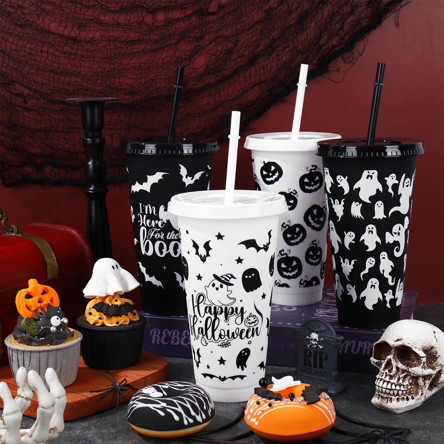 JarThenaAMCS 24Pcs Halloween Plastic Cups with Straws Lids 24oz Reusable Ghost Bat Pumpkin Spider Web Plastic Tumbler Black White Cold Cups for Halloween Home Office Party Supplies