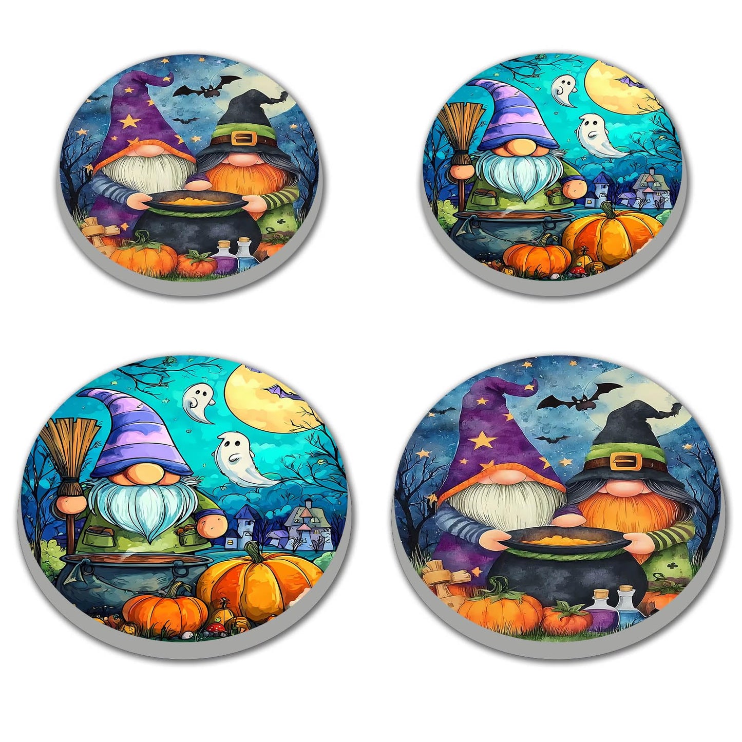 Halloween Gnome Art Electric Stove Burner Covers,4 Pcs Pumkin,Ghosts Stove Burner Covers,Two Dwarf Making Poison Stove Burner Cover,8 Inch and 10 Inch, Spooky Night Metal Cooktop Home Decorative