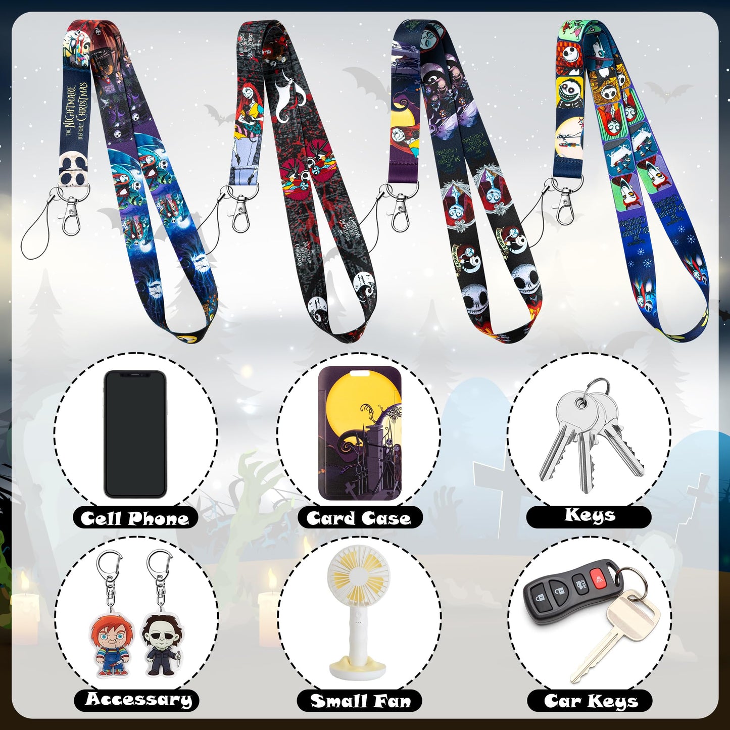 CFuguier Halloween Card Holder Lanyard - 4-Set Halloween Gothic Style ID Badge Card Holder Neck Lanyard Women Men Teacher Nursing Student Nurse Office School Cell Phone Car Key Chain Wallet USB Flash