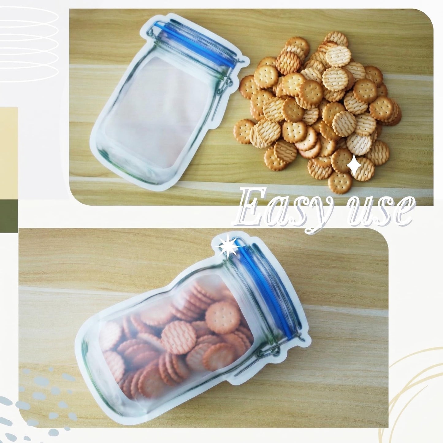 laffeya 20Pack 1000ml (9.7 * 6.6 * 4.7inch) Reusable Mason Jar Bags for Candy & Snacks - Leakproof Storage & Display