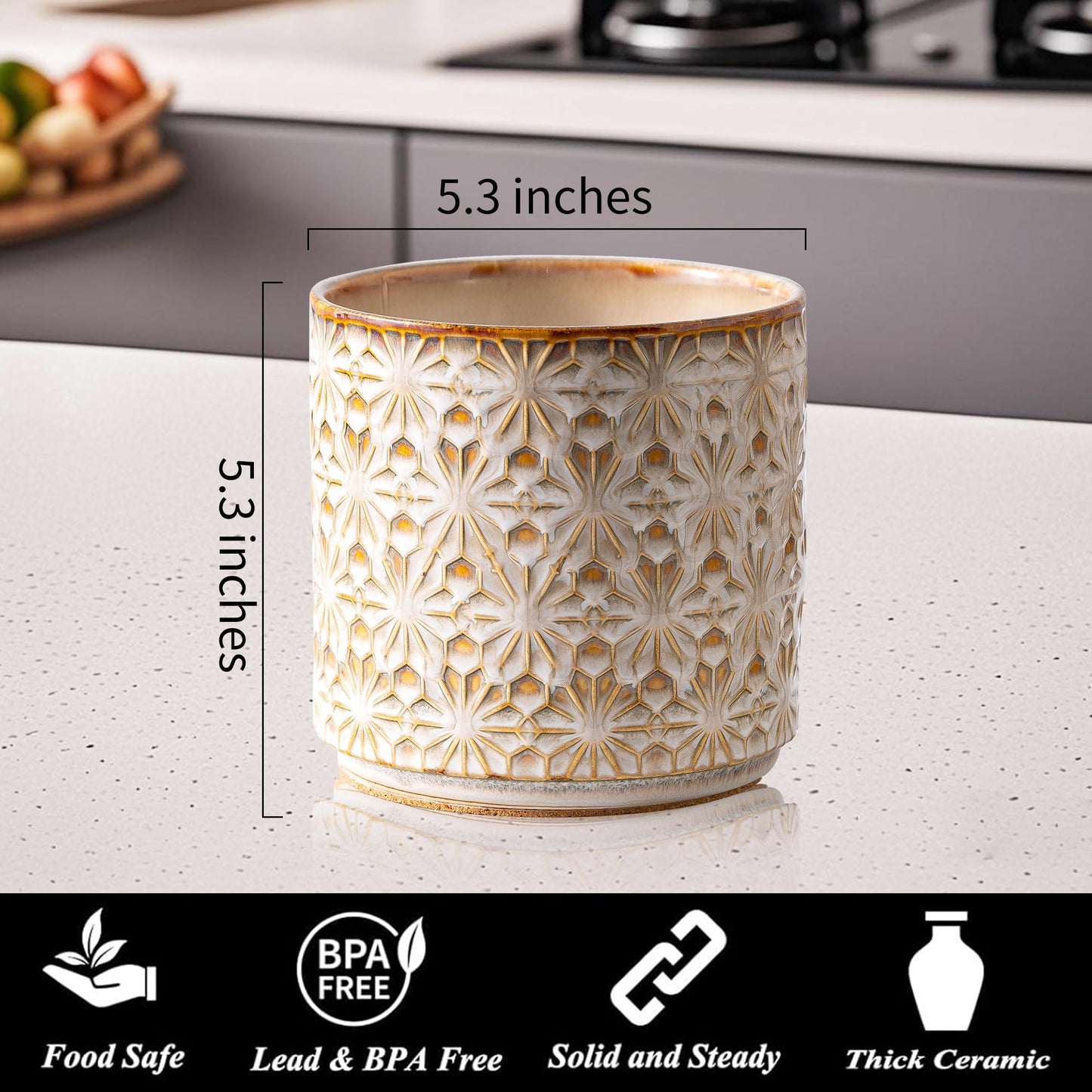 Noevany Utensil Holder Rustic Farmhouse Ceramic Utensil Crock for Countertop - 5.3" Handcrafted Kitchen Cooking Utensil Crocks with Cork Base, Natural Finish for Kitchen Tools Storage
