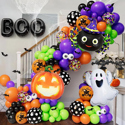 CboDeco Halloween Balloon Garland Arch Kit 144PCS with Ghost Pumpkin Spider BOO Foil Balloon Black Orange Green Purple Balloons for Halloween Decorations Balloons Party Supplies
