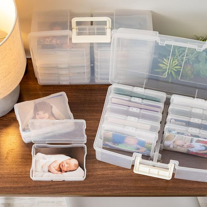 IRIS USA 4" x 6" |Made in USA| 2-Pack Photo Organizers and Picture Storage Box with Handle, 12 Inner Cases/Containers for Tasks, Stickers, Ephemera, & Flashcards - Clear